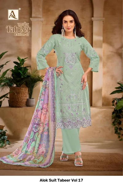 Alok Suit Tabeer Vol 17: Light green salwar suit with purple floral thread work, embroidery details, and a multicolored printed dupatta.