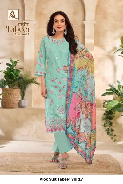 Alok Suit Tabeer Vol 17: Mint green salwar suit with pink floral embroidery, matching trousers, and a floral printed dupatta.