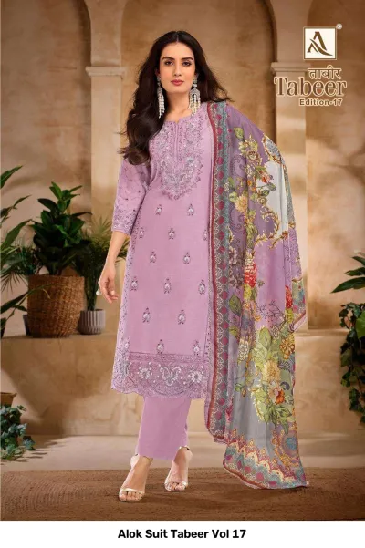 Alok Suit Tabeer Vol 17: Lavender salwar suit with detailed thread work embroidery, straight pants, and a floral printed dupatta.