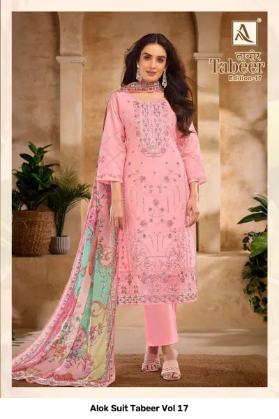 Alok Suit Tabeer Vol 17: Light pink salwar suit featuring delicate thread work, matching straight pants, and a multicolored floral printed dupatta.