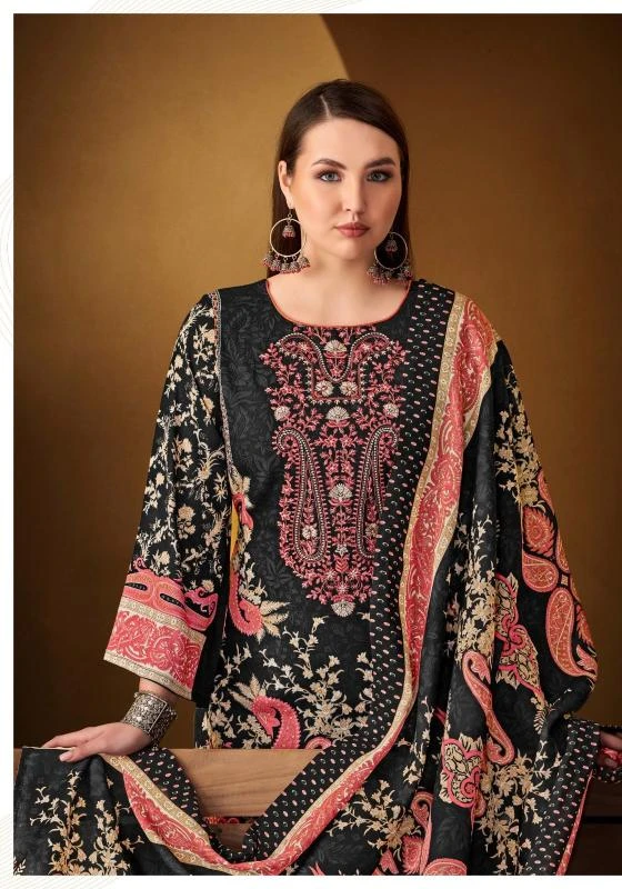 Alok Suit Tahira: Black and pink printed salwar suit with floral patterns and thread work on the neckline.