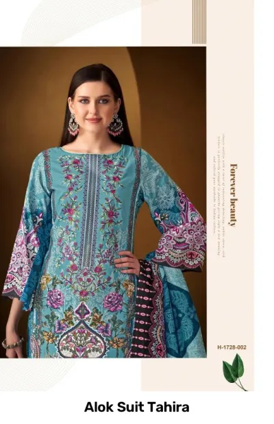 Alok Suit Tahira: Turquoise blue printed kurti and pants set with floral patterns and thread work.