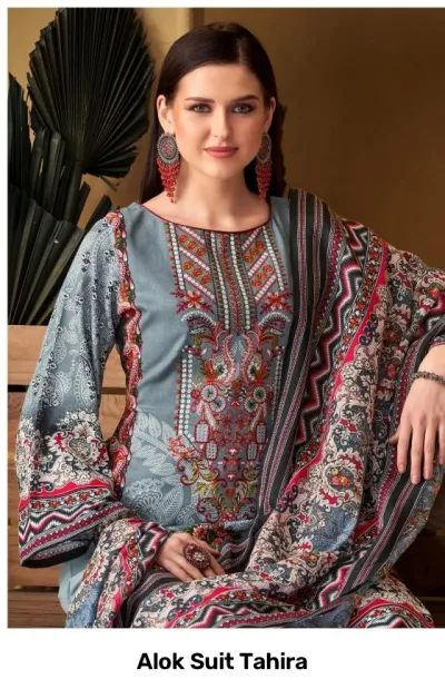 Alok Suit Tahira: Grey and red floral printed kurti with intricate thread work on the neckline.
