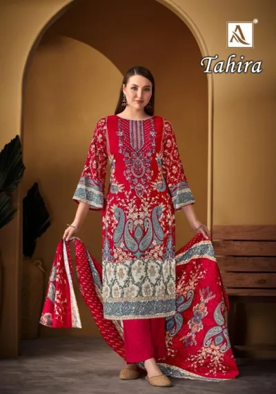 Alok Suit Tahira: Red and multi-colored floral printed salwar suit with paisley patterns and matching dupatta.