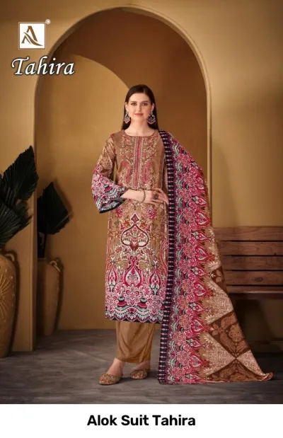 Alok Suit Tahira: Brown and pink printed salwar suit featuring paisley patterns and detailed neckline embroidery.