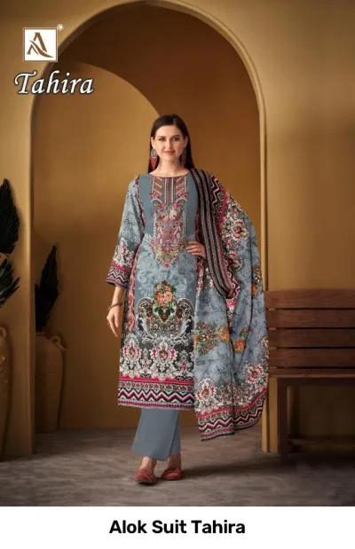 Alok Suit Tahira: Grey and multi-colored printed salwar suit with floral motifs and thread-work detailing.