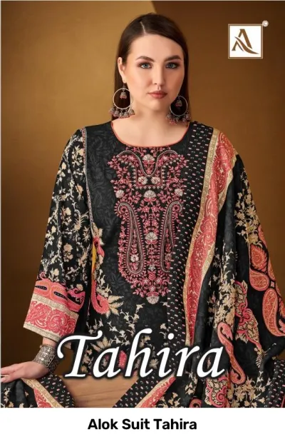 Alok Suit Tahira: Black and pink printed salwar suit with floral accents and traditional neck embroidery.