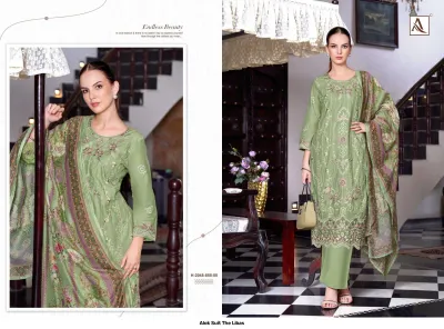 Alok Suit The Libas H-2048-855-05: Green salwar suit featuring intricate thread work embroidery and a printed floral dupatta.
