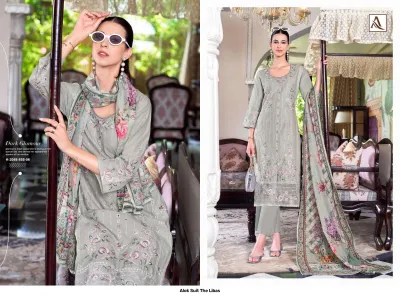 Alok Suit The Libas H-2048-855-06: Grey salwar suit with floral embroidery, mirror work, and a matching printed dupatta.