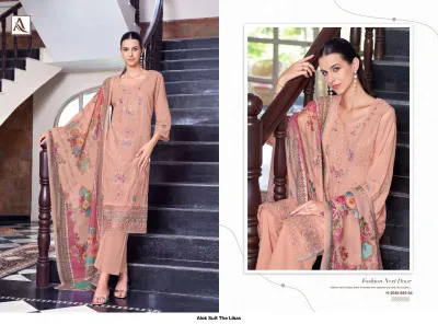 Alok Suit The Libas H-2048-855-04: Peach-colored salwar suit with floral thread work embroidery and a coordinated printed dupatta.