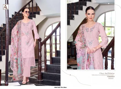 Alok Suit The Libas H-2048-855-03: Pale pink salwar suit featuring delicate thread work embroidery and a printed floral dupatta.
