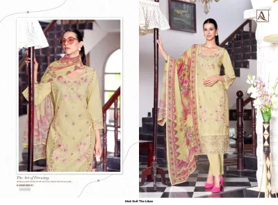 Alok Suit The Libas H-2048-855-01: Light yellow salwar suit with pink floral thread work embroidery and a printed floral dupatta.