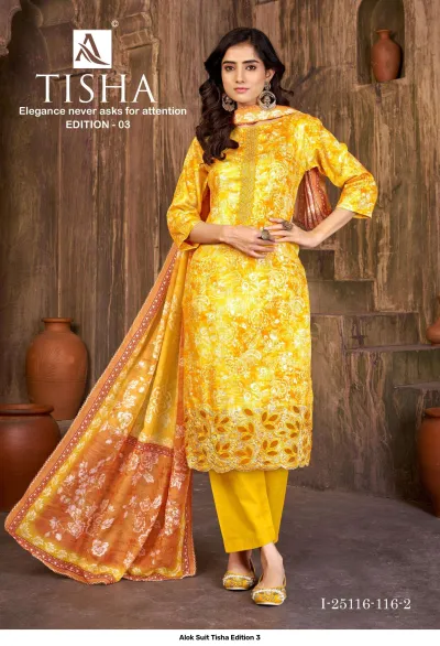 Alok Suit Tisha Edition 3: Model wearing a yellow printed salwar suit with embroidered hem and matching dupatta.