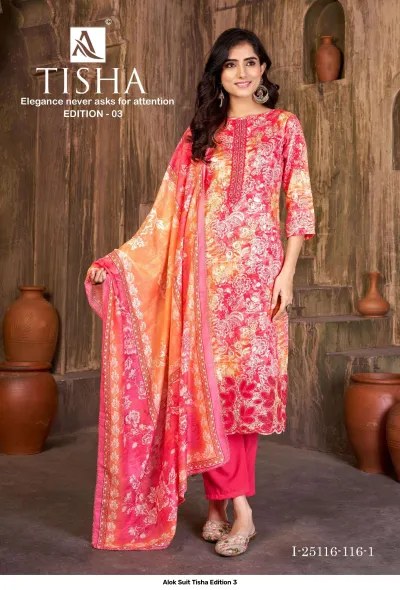 Alok Suit Tisha Edition 3: Model wearing a pink floral printed salwar suit with thread work and matching dupatta.