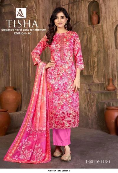 Alok Suit Tisha Edition 3: Model wearing a pink floral printed salwar suit with embroidered hem and matching dupatta.