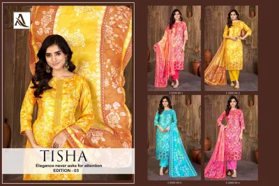 Alok Suit Tisha Edition 3: Catalog cover featuring four variations of printed salwar suits in different colors.