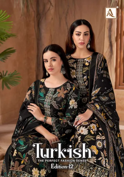 Alok Suit Turkish Edition 12, catalog cover featuring two women wearing matching black floral printed salwar suits with intricate thread work.