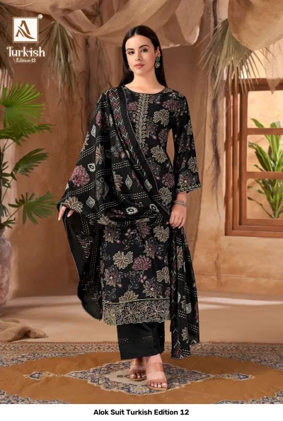 Alok Suit Turkish Edition 12, black salwar suit with floral print and detailed thread work on the hem, paired with a matching printed dupatta.