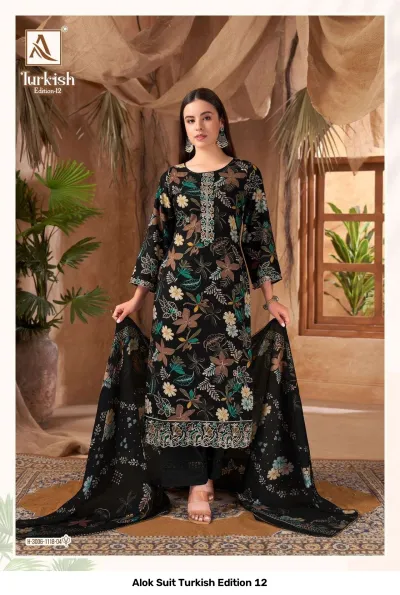 Alok Suit Turkish Edition 12, model in black floral printed salwar suit featuring detailed thread work on the neck and hem with a dupatta.