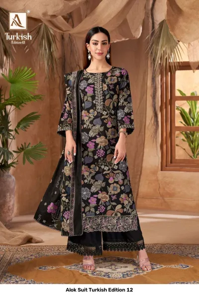 Alok Suit Turkish Edition 12, model wearing a black floral printed salwar suit with thread embroidery and a coordinated printed dupatta.