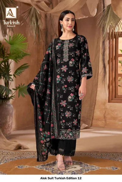 Alok Suit Turkish Edition 12, model showcasing a black salwar suit with floral prints, thread embroidery, and a matching printed dupatta.