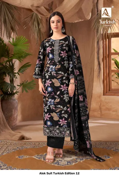 Alok Suit Turkish Edition 12, model in a black floral printed salwar suit with thread embellishments and an elegant matching dupatta.