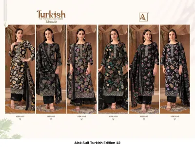 Alok Suit Turkish Edition 12, catalog collage displaying six different black floral printed salwar suits with thread embroidery and palazzo pants.