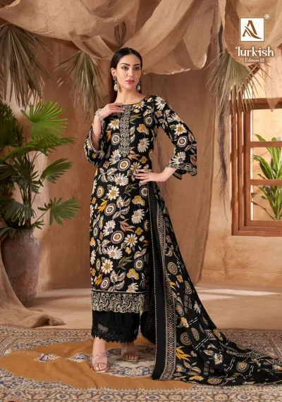 Alok Suit Turkish Edition 12, model wearing a black salwar suit with a circular floral pattern, thread work embroidery, and a matching dupatta.