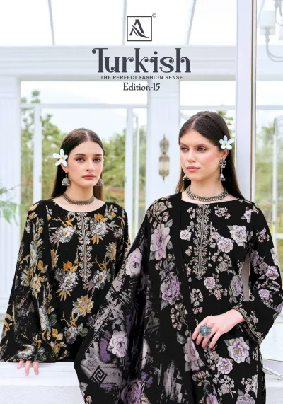 Alok Suit Turkish Edition 15: Catalog cover featuring two models wearing black floral printed salwar suits with thread work embellishments.