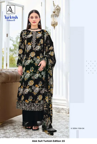 Alok Suit Turkish Edition 15: Black floral printed salwar suit with palazzo pants, featuring intricate thread and zari work on the hem and neckline.