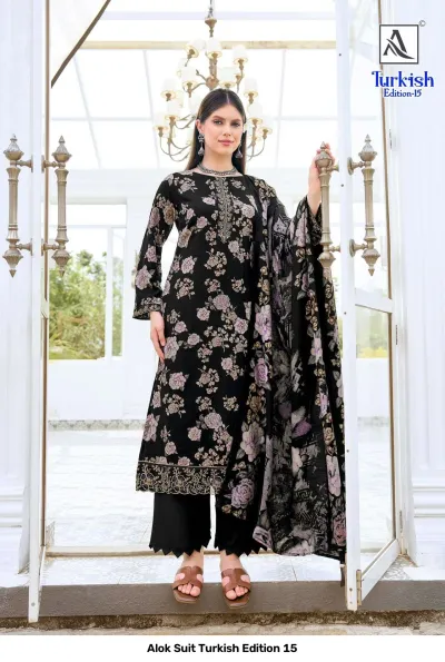 Alok Suit Turkish Edition 15: Black floral printed salwar suit with a matching dupatta and palazzo pants, featuring decorative thread work embroidery.