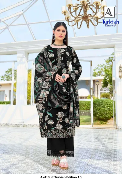 Alok Suit Turkish Edition 15: Black floral printed salwar suit with thread work detailing, featuring a matching printed dupatta and plain black palazzo pants.