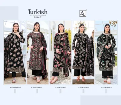 Alok Suit Turkish Edition 15: Catalog collage displaying multiple variations of black floral printed salwar suits with embroidery and palazzo pants.
