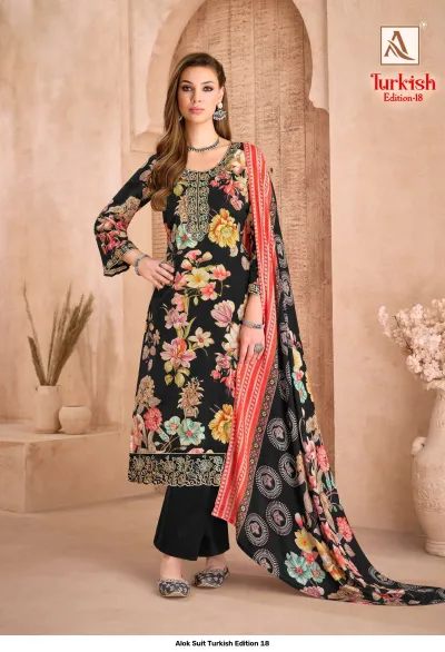 Alok Suit Turkish Edition 18: Black floral printed salwar suit with detailed thread and zari work embroidery on the neck and hem.