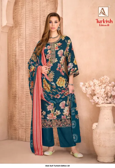 Alok Suit Turkish Edition 18: Teal green floral printed salwar suit with thread and zari work embroidery on the neck and hem.