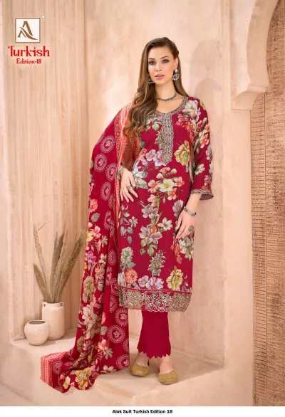 Alok Suit Turkish Edition 18: Maroon floral printed salwar suit featuring thread and zari embroidery embellishments on the neckline and hem.
