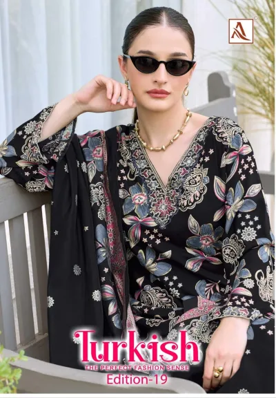 Alok Suit Turkish Edition 19: Black salwar suit with multi-colored floral pattern, V-neckline, thread work embroidery, and matching dupatta.