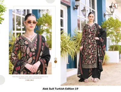 Alok Suit Turkish Edition 19: Black salwar suit with leaf-patterned print, V-neckline, thread work details, and matching dupatta.