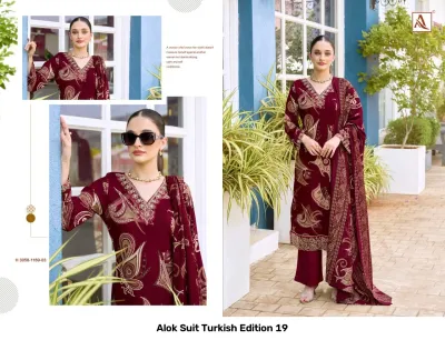 Alok Suit Turkish Edition 19: Maroon salwar suit with intricate paisley-style print, V-neckline, thread work embroidery, and matching dupatta.