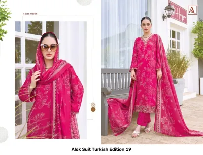 Alok Suit Turkish Edition 19: Hot pink salwar suit with floral line-art print, V-neckline, thread work embroidery, and matching dupatta.