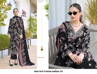 Alok Suit Turkish Edition 19: Black salwar suit with multi-colored floral print, V-neckline, thread work details, and matching dupatta.