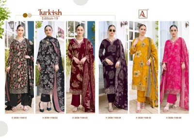 Alok Suit Turkish Edition 19: Catalog collage displaying six different salwar suit designs from the collection.