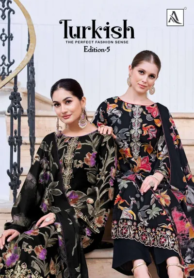 Alok Suit Turkish Edition 5: Catalog cover featuring two models in black floral salwar suits with zari and thread work embroidery.