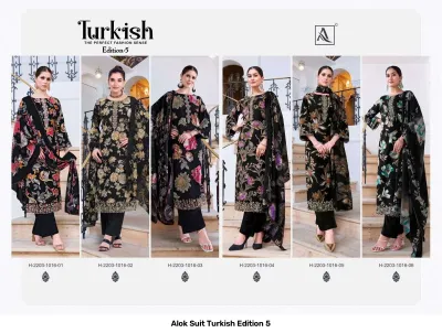 Alok Suit Turkish Edition 5: Catalog collage showing six variations of black floral salwar suits with thread work and zari embellishments.