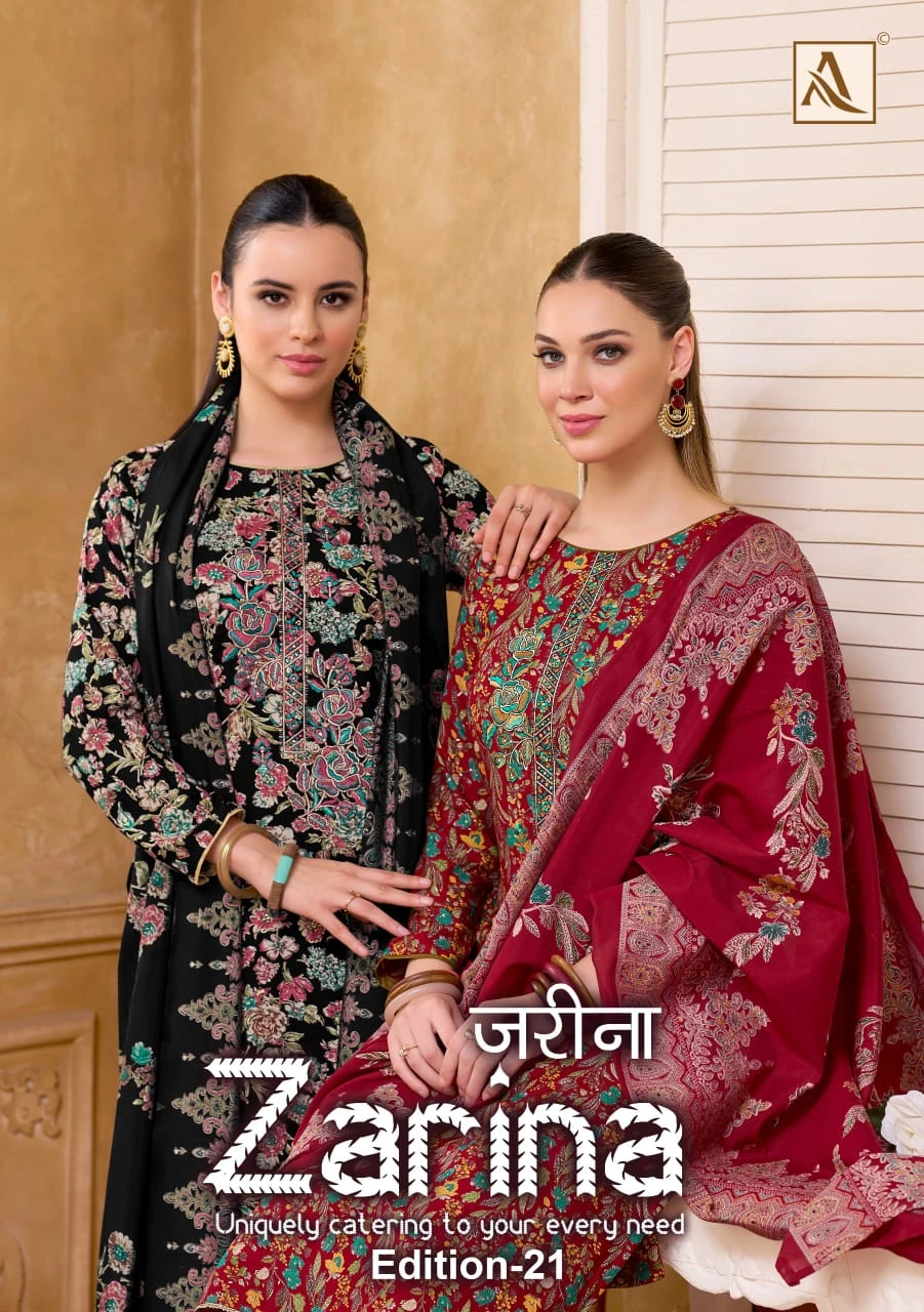 Alok Suit Zarina Edition 21 catalog cover featuring models in printed salwar suits with intricate floral patterns and embroidery.