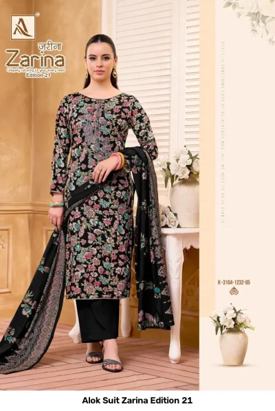 Alok Suit Zarina Edition 21, black printed salwar suit with floral patterns and thread work on the neckline.