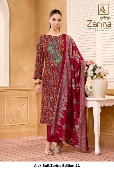 Alok Suit Zarina Edition 21, maroon printed salwar suit featuring floral designs and detailed thread work on the kurti.
