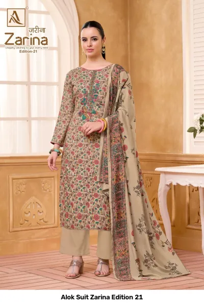 Alok Suit Zarina Edition 21, beige printed salwar suit with small floral motifs and neck embroidery.