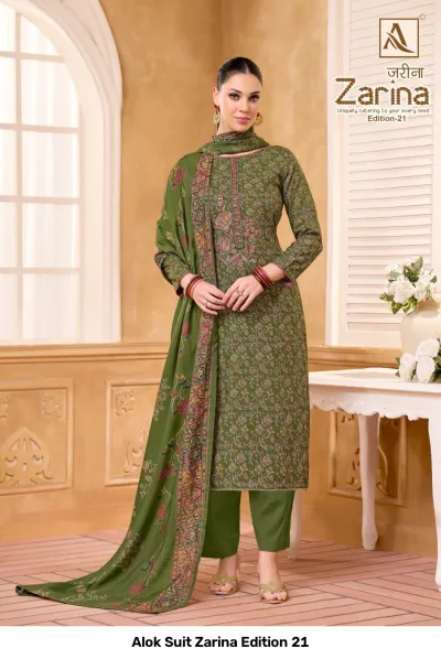 Alok Suit Zarina Edition 21, olive green printed salwar suit with floral detailing and embroidery on the neckline.