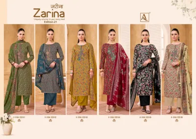 Alok Suit Zarina Edition 21 catalog collage showcasing six different color variations of the printed salwar suit.